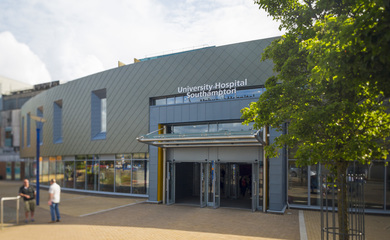 Image shows the front entrance of the University Hospital Southampton