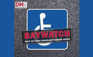 Image shows tarmac floor with a disabled parking logo on top and text which says Baywatch, help us fight disabled parking abuse