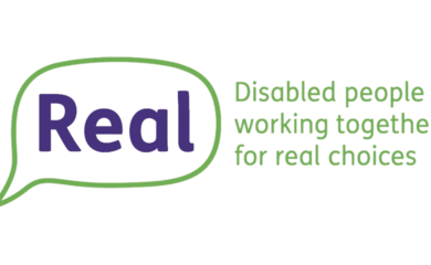 Image of the Real logo. A speech bubble with the word Real inside it and green text which says Disabled people working together for real choices.