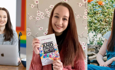 3 images of Pippa. From left to right, Pippa sitting at a desk with a laptop, Pippa holding her book and Pippa sitting in her wheelchair.