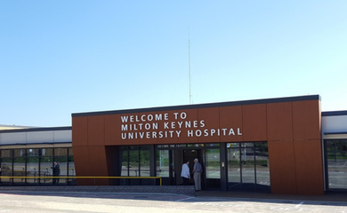 "Picture of front and main entrance to Milton Keynes Hospital in landscape view"