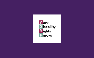 Purple background with the York Disability Rights Forum logo in the middle