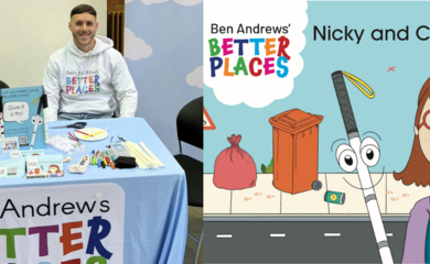 Image of Ben sitting behind a table with Better Places merch on it and image of the front cover of Better Places Nicky and Candy's street book.