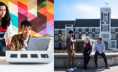 Image of 3 students around a laptop at Loughborough Uni and students sitting on a fountain.