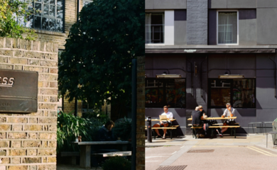 Image of an Allpress Expresso sign next to an image of a Allpress Expresso cafe.